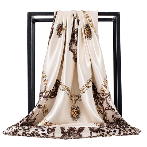 Leopard Chain Print Square Scarf Satin Polyester Elegant Baroque Style Head Neck Wrap Luxury Vintage Accessory Women