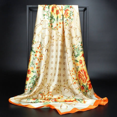 Foulard Quadrato Grande Satin Imitazione Raso Stampa Floreale Catena Elegante Moda Per Donna Stile Retrò