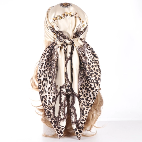 Leopard Chain Print Square Scarf Satin Polyester Elegant Baroque Style Head Neck Wrap Luxury Vintage Accessory Women