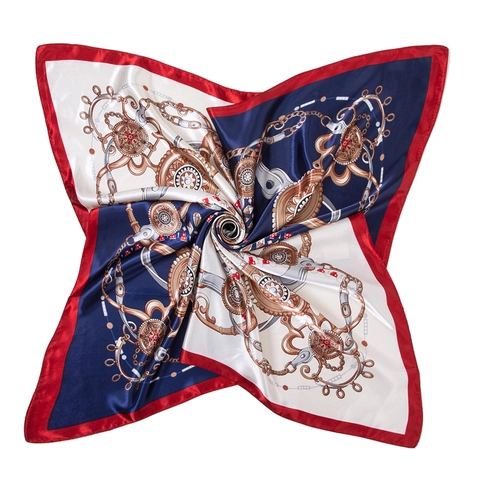 Square Scarf Satin Polyester Satiny Large Chain Print Equestrian Style Elegant Fashion For Women Luxury Smooth Wrap