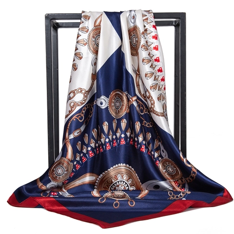 Square Scarf Satin Polyester Satiny Large Chain Print Equestrian Style Elegant Fashion For Women Luxury Smooth Wrap