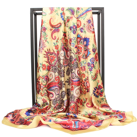 Carré De Satin Satiné Imprimé Paisley Floral Écharpe De Cou Style Bohémien Pour Femmes Foulard Rétro Accessoire
