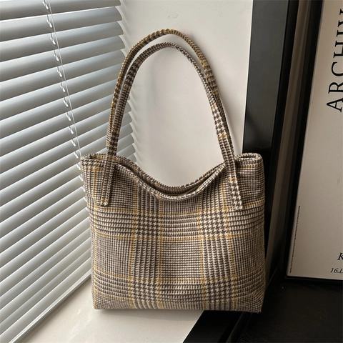 Bolso Tote de Cuadros de Gran Capacidad para Mujer Bolso de Hombro de Lona Vintage Pata de Gallo para Escuela Trabajo Diario