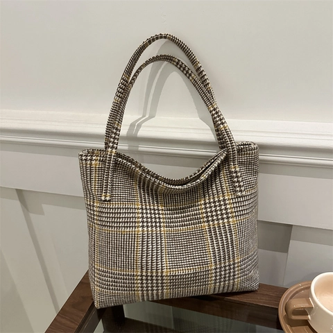 Women's Vintage Houndstooth Tweed Tote Bag Large Capacity Zipper Shoulder Bag Casual Commuting Fashion Checkered Handbag