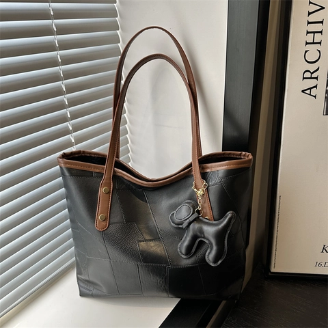 Bolso Tote Para Mujer De Cuero PU Patchwork Color Contrastado Con Charm De Perro Bolso De Hombro Oficina Diario