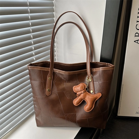 Borsa Tote da Donna in Pelle PU a Grande Capacità Con Patchwork Geometrico Ciondolo Cane Minimalista Retrò a Tracolla