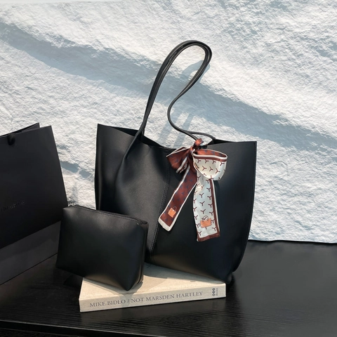 Women PU Leather Large Capacity Tote Bag Printed Scarf Decoration Business Commuting Shoulder Bag Solid Color Handbag