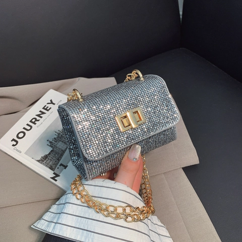 Women Mini Rhinestone Square Crossbody Bag Glitter Evening Clutch Party Purse Gold Chain Shoulder Bag