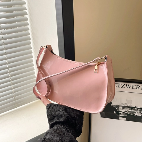 Women Vintage Patent PU Leather Underarm Bag High Gloss Baguette Shoulder Bag Solid Color Elegant Daily Handbag Ladies Jewelry