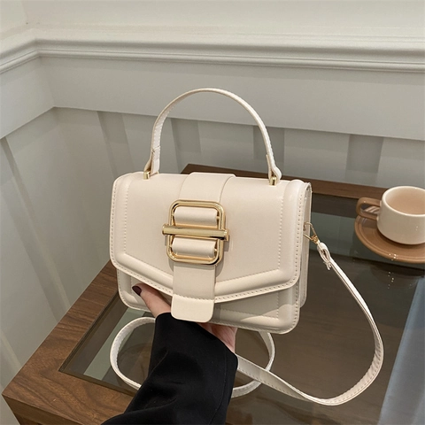 Borsa Piccola Quadrata da Donna in Pelle PU Minimalista Tinta Unita Con Fibbia in Metallo Oro Borsa a Tracolla Moda