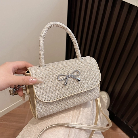 Sac À Main Femme Pailleté Scintillant Cuir PU Décor Nœud Métallique Sac Bandoulière Sangle Réglable Chic Soirée Mode
