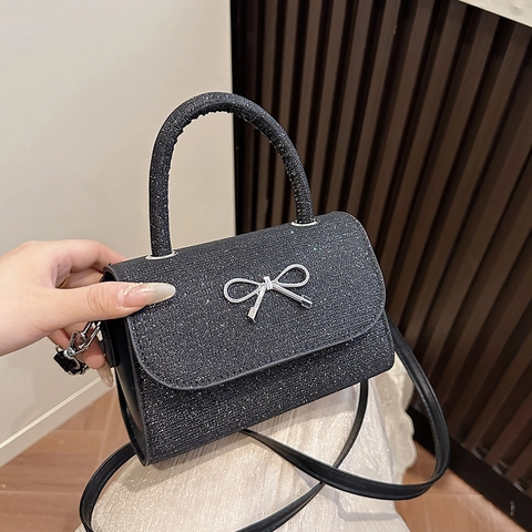 Sac À Main Femme Pailleté Scintillant Cuir PU Décor Nœud Métallique Sac Bandoulière Sangle Réglable Chic Soirée Mode