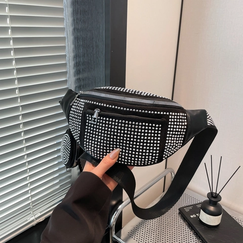 Damen Mode Strass Gürteltasche PU Leder Brusttasche Mit Runder Geldbörse Verstellbarer Fischgräten-Gurt Umhängetasche Handytasche