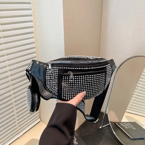 Damen Mode Strass Gürteltasche PU Leder Brusttasche Mit Runder Geldbörse Verstellbarer Fischgräten-Gurt Umhängetasche Handytasche
