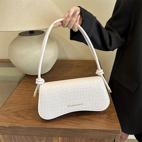 Women Underarm Shoulder Bag Woven Texture PU Leather Baguette Bag Minimalist Urban Fashion Bags For Daily Casual Dating