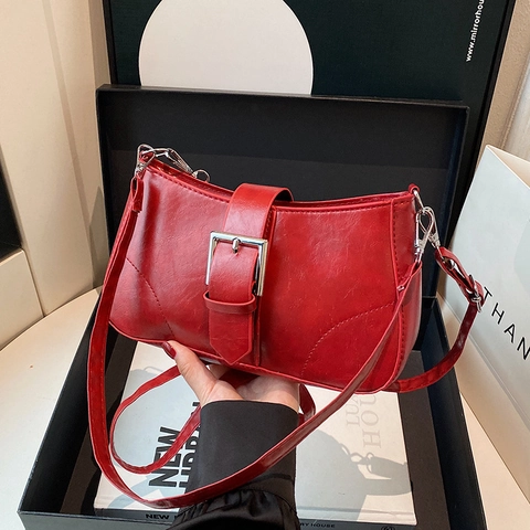 Bolso de Sobaco de Cuero PU Vintage Francés Para Mujer Bolso de Hombro Cuadrado Pequeño Con Hebilla Plateada Grande Bolso