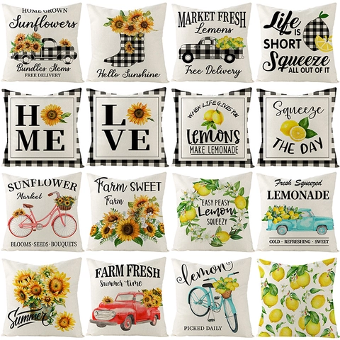 Decoratieve Kussensloop Zonnebloem Citroen Linnenmix Vintage Truck Buffalo Check Kussenhoes Voor Sofa Decoratie