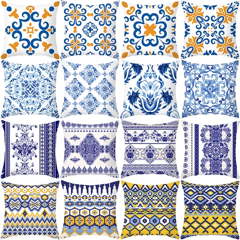 Bohemian Ethnic Print Cushion Cover Blue Yellow Geometric Floral Peach Skin Decorative Pillowcase For Sofa Living Room Home Decor