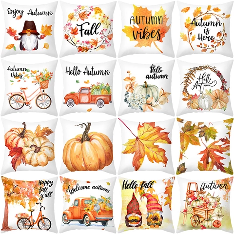 Autumn Harvest Pumpkin Maple Leaf Pillow Cover Peach Skin Polyester Decorative Cushion Case For Thanksgiving Home Sofa Living Room