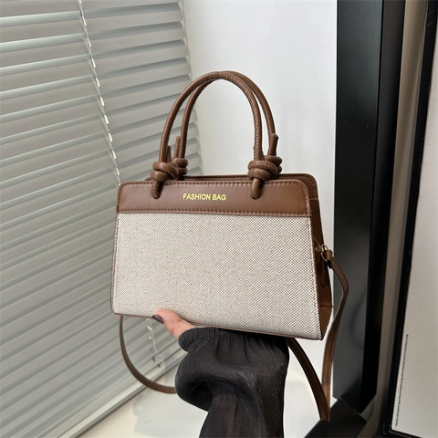 Bolso de Moda para Mujer Minimalista de Cuero PU Lona Empalme Bolso de Mano Asa con Nudo Impresión de Letras Bandolera
