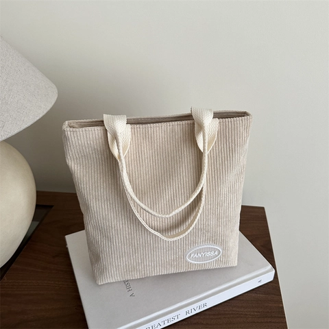 Simple Trendy Corduroy Tote Bag Retro Solid Color Handbag Versatile Lightweight Shoulder Bag For Women