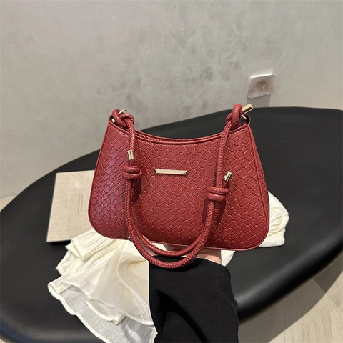 Sac Sous le Bras Mode Femme en Cuir PU Minimaliste Texture Tissée Sac à Épaule Avec Bandoulière Nouée Quincaillerie Dorée