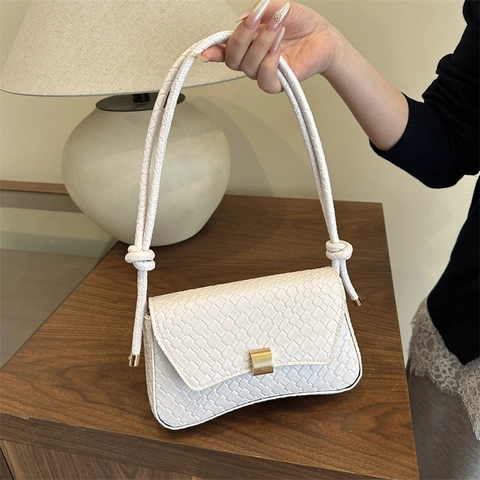 Women Woven Pattern PU Leather Shoulder Bag With Metallic Lock Vintage Underarm Bag Casual Crossbody Small Square Handbag