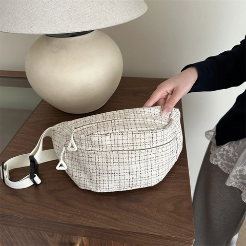Women Casual Plaid Chest Bag Canvas Tweed Waist Bag Grid Pattern Adjustable Single Strap Crossbody Fanny Pack Daily Travel Sport