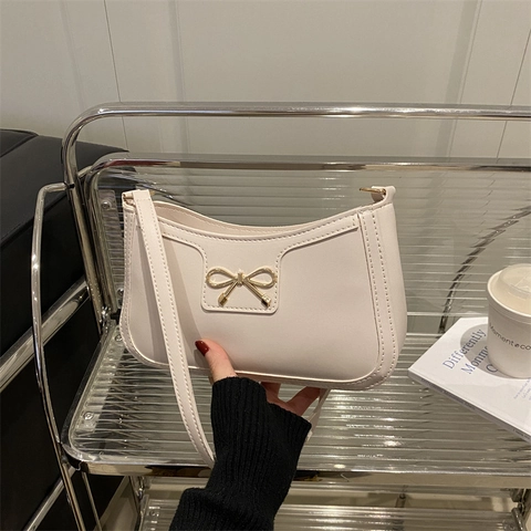 Baguette Unterarmtasche PU Leder Halbmond Schultertasche Mit Goldener Schleife Minimalistisch Chic Für Damen