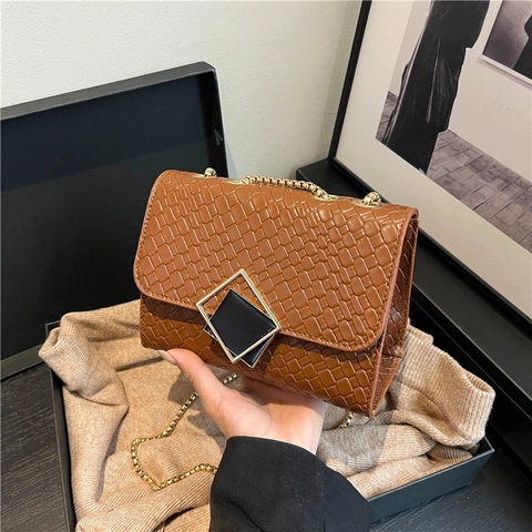 Damen Umhängetasche Gewebte Textur PU Leder Kleine Quadratische Handtasche Mit Metallkettenriemen Für Den Täglichen Gebrauch