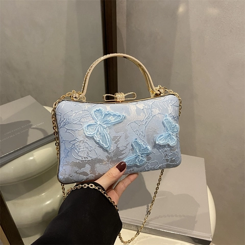 Avondtas Met Vlinderborduurwerk Elegante Kant 3D Vlinder Handtas Met Gouden Metalen Handvat Strass Strik Sluiting Kettingriem