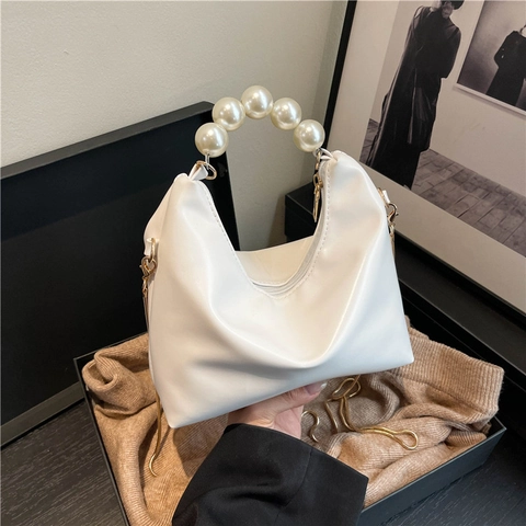 Sac Hobo Tendance En Cuir PU Plissé Avec Poignée En Künstliche Perles Et Chaîne Dorée Pour Femmes Sac À Main Élégant