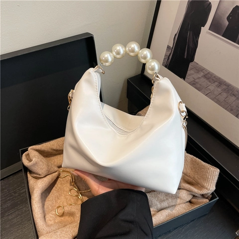 Mini Bolso Dumpling Para Mujer De Cuero PU Con Asa De Perlas Artificiales Y Cadena De Metal Dorado Bolso De Hombro Elegante