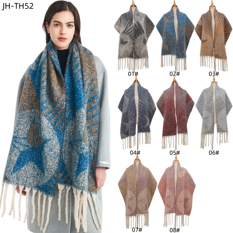 Polyester Star Pattern Jacquard Winter Scarf Long Thick Warm Tassel Knit Shawl Wrap Fashion Casual For Women