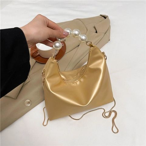 Sac Hobo En Cuir PU Pour Femmes Avec Poignée En Künstliche Perles Mini Sac À Bandoulière Avec Chaîne Dorée Sac À Main Élégant