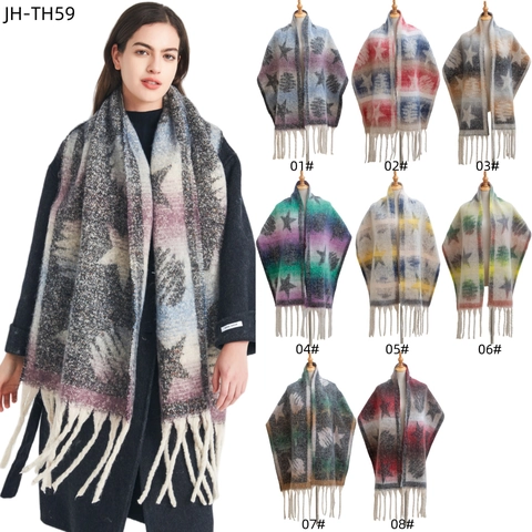 Winter Warm Thick Scarf Shawl Faux Mohair Polyester Star Pattern Jacquard Long Tassels Fashion For Women