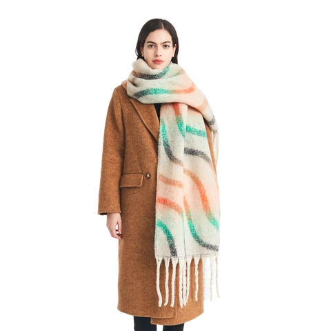 Bufanda Cálida Y Gruesa De Otoño Invierno Para Mujer Patrón De Ondas Jacquard Hilo Boucle Chal De Falso Mohair Con Flecos Largos