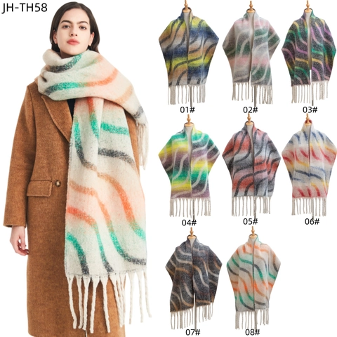 Bufanda Cálida Y Gruesa De Otoño Invierno Para Mujer Patrón De Ondas Jacquard Hilo Boucle Chal De Falso Mohair Con Flecos Largos