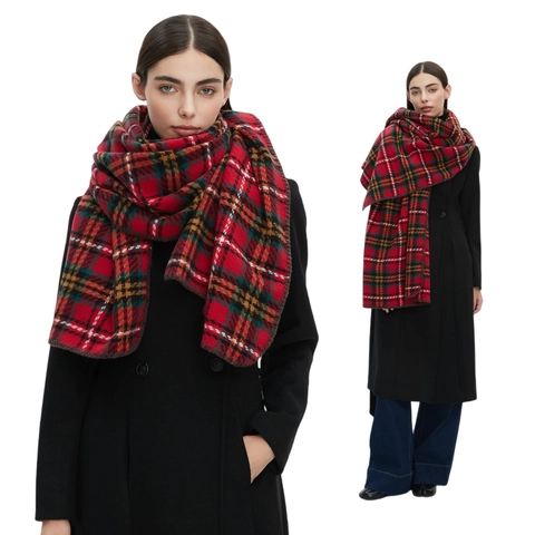 Klassieke Rode Geruite Tartan Sjaal Warme Polyester Grote Sjaal Voor Winter Kerst Elegante Retro Stijl Voor Dames