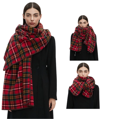 Klassieke Rode Geruite Tartan Sjaal Warme Polyester Grote Sjaal Voor Winter Kerst Elegante Retro Stijl Voor Dames
