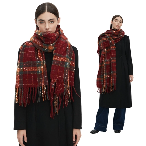 Women Plaid Checkered Scarf Shawl Polyester Thick Warm Long Tartan Scarf With Fringes For Christmas Winter Retro Style