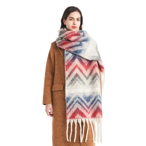 Sciarpa Invernale Donna Poliestere Jacquard Motivo Onde Montagna Frangia Lunga Caldo Pashmina Scialle Retro