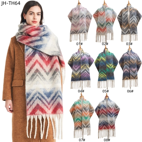 Sciarpa Invernale Donna Poliestere Jacquard Motivo Onde Montagna Frangia Lunga Caldo Pashmina Scialle Retro