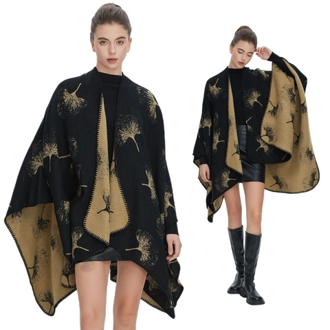 Women Faux Cashmere Shawl Wrap Reversible Ginkgo Leaf Print Open Front Knitted Poncho Cloak Winter Warm Elegant