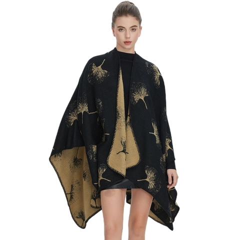 Women Faux Cashmere Shawl Wrap Reversible Ginkgo Leaf Print Open Front Knitted Poncho Cloak Winter Warm Elegant