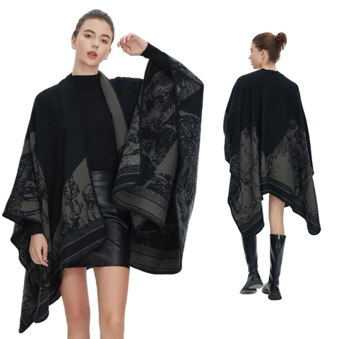 Women Shawl Poncho Cape Imitation Cashmere Knitted Jacquard Ink Painting Ginkgo Leaf Pattern Open Front Winter Warm Oversized
