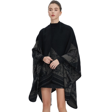 Women Shawl Poncho Cape Imitation Cashmere Knitted Jacquard Ink Painting Ginkgo Leaf Pattern Open Front Winter Warm Oversized