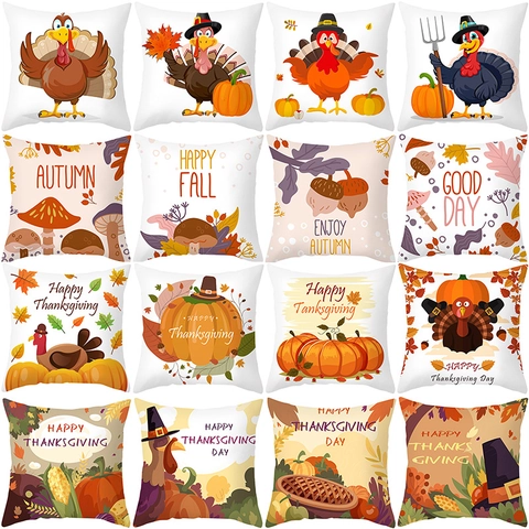 Thanksgiving Day Pillow Covers Peach Skin Fabric Turkey Pumpkin Print Autumn Fall Harvest Decorative Cushion Covers