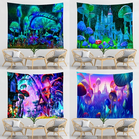 Fantasy Mushroom Castle Forest Tapestry Wall Hanging Polyester Fabric Fluorescent Style Decor For Bedroom Living Room