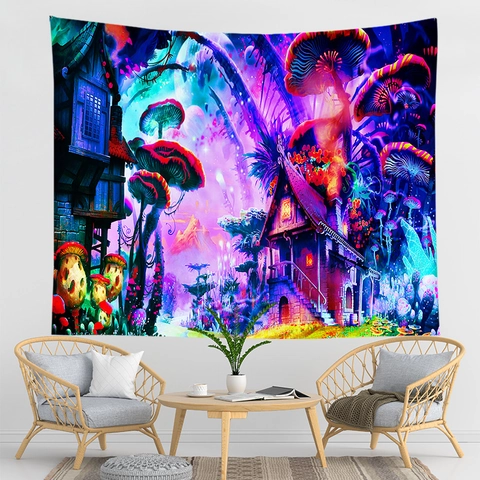 Fantasy Mushroom Castle Forest Tapestry Wall Hanging Polyester Fabric Fluorescent Style Decor For Bedroom Living Room